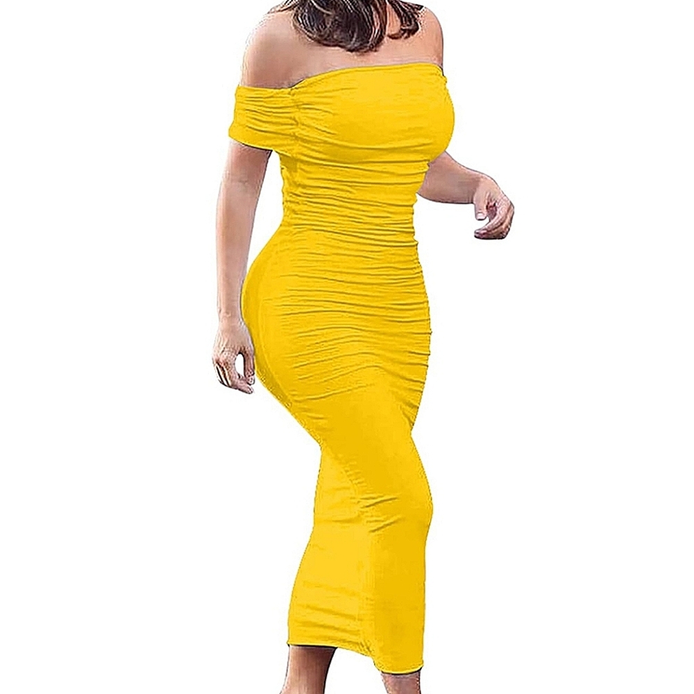 Women's Ruched Off Shoulder Short Sleeve Bodycon Midi